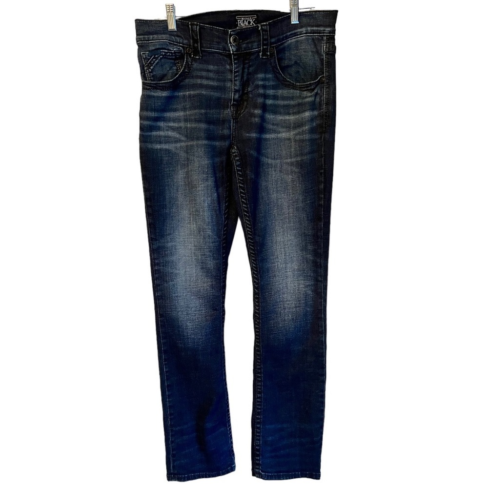 Buckle BKE Black Jeans Mens 33L Blue Fit No 3 Straight Bootleg Embroidered Denim